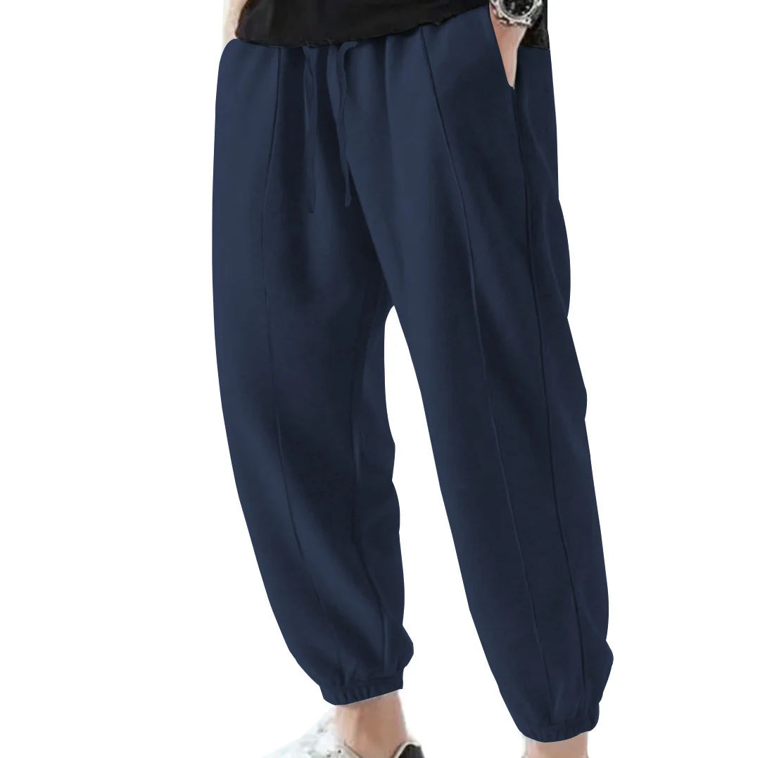 Solid color plus-size men's casual pants, loose lace-up pants